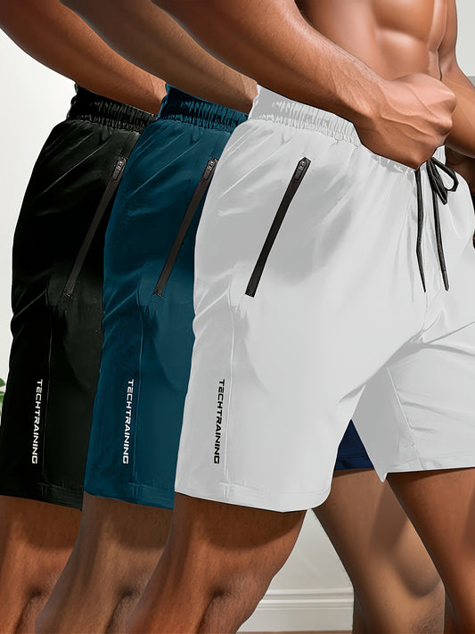 3pcs Men's Quick-Dry Shorts with Zipper Pockets for Gym