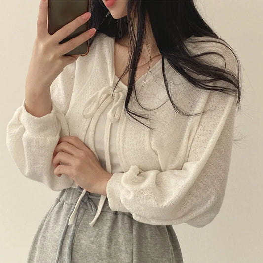 White Knitted Cardigan Women Summer Short Coat