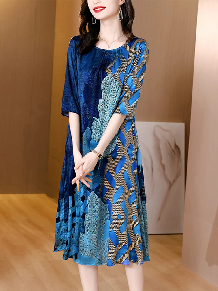 2024 Blue Print Natural Silk Midi Dress