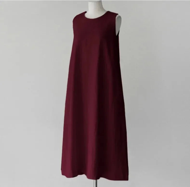 2024 Summer Women Dress Cotton Linen Tank O-neck Sleeveless