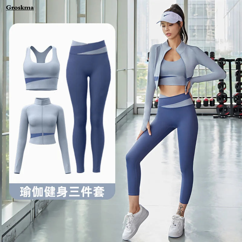 Women Yoga Patchwork 3 Piece Fitness Tracksuit