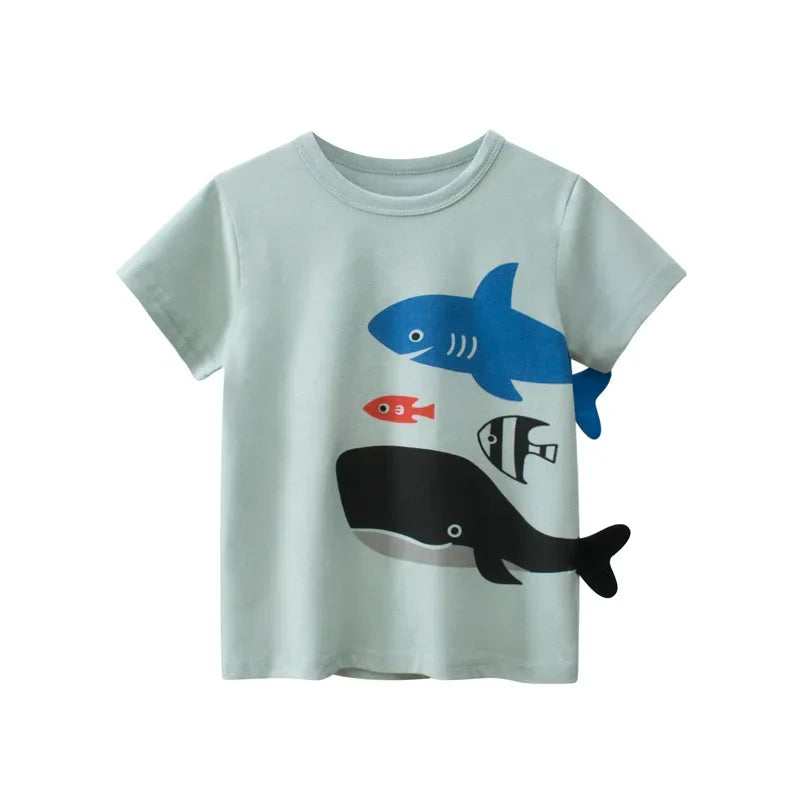 2024 Trendy Summer Boys Short Sleeve T-Shirt 3D Cartoon Shark Print