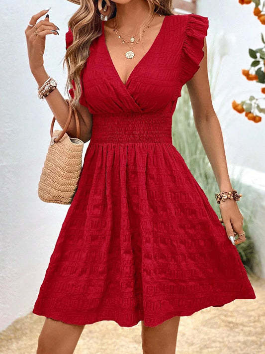 Red Sleeveless Holiday Beach Dress Fashion V Neck