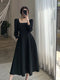 Black Long-sleeved French Retro Hepburn Style Square Neck Dress 2024