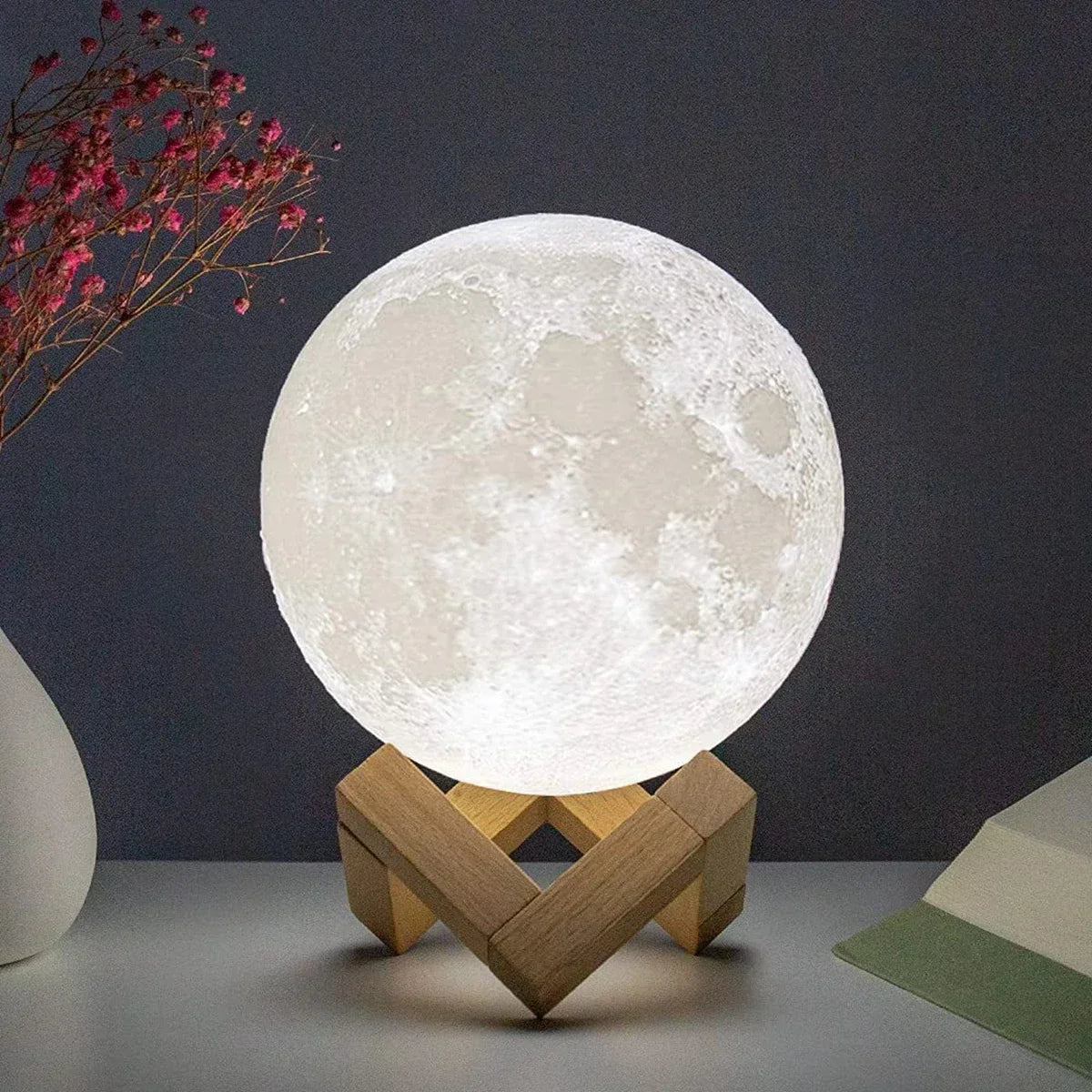 8cm Moon Lamp LED Night Light Battery Powered With Stand