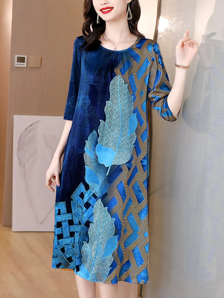 2024 Blue Print Natural Silk Midi Dress