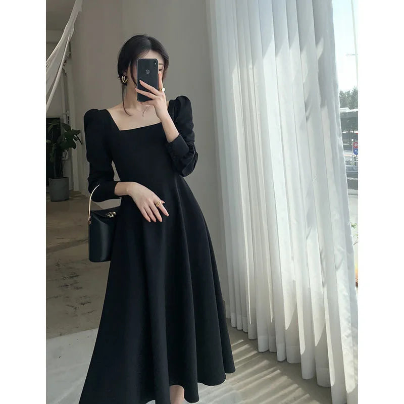 Black Long-sleeved French Retro Hepburn Style Square Neck Dress 2024