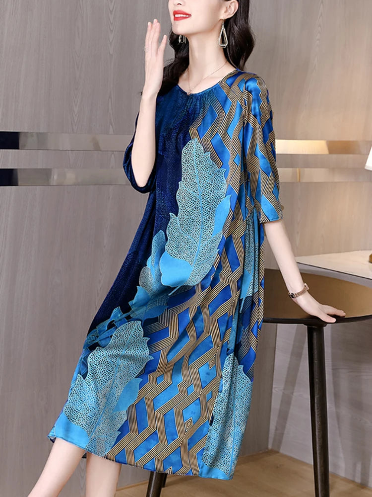 2024 Blue Print Natural Silk Midi Dress