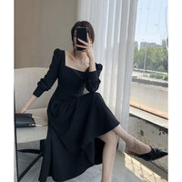 Black Long-sleeved French Retro Hepburn Style Square Neck Dress 2024