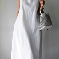 2024 Summer Women Dress Cotton Linen Tank O-neck Sleeveless