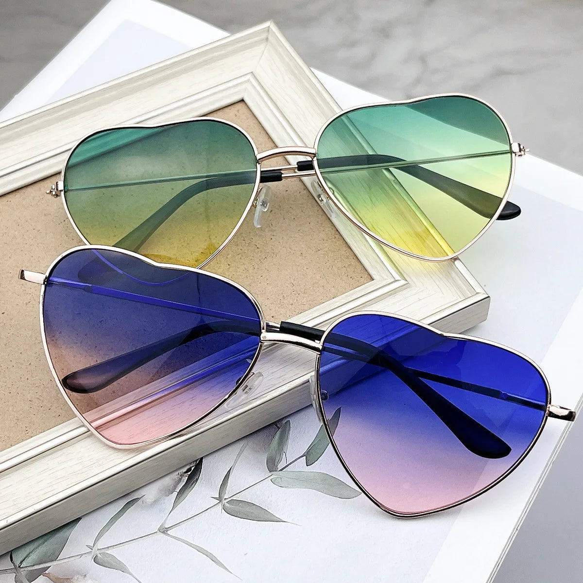 Vintage Gradient Heart Shaped Sunglasses Metal Frame Women