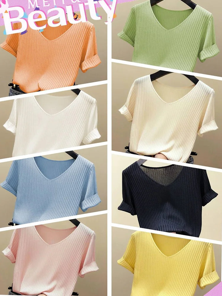 New V-neck short-sleeved Summer Thin Office Lady T-Shirt